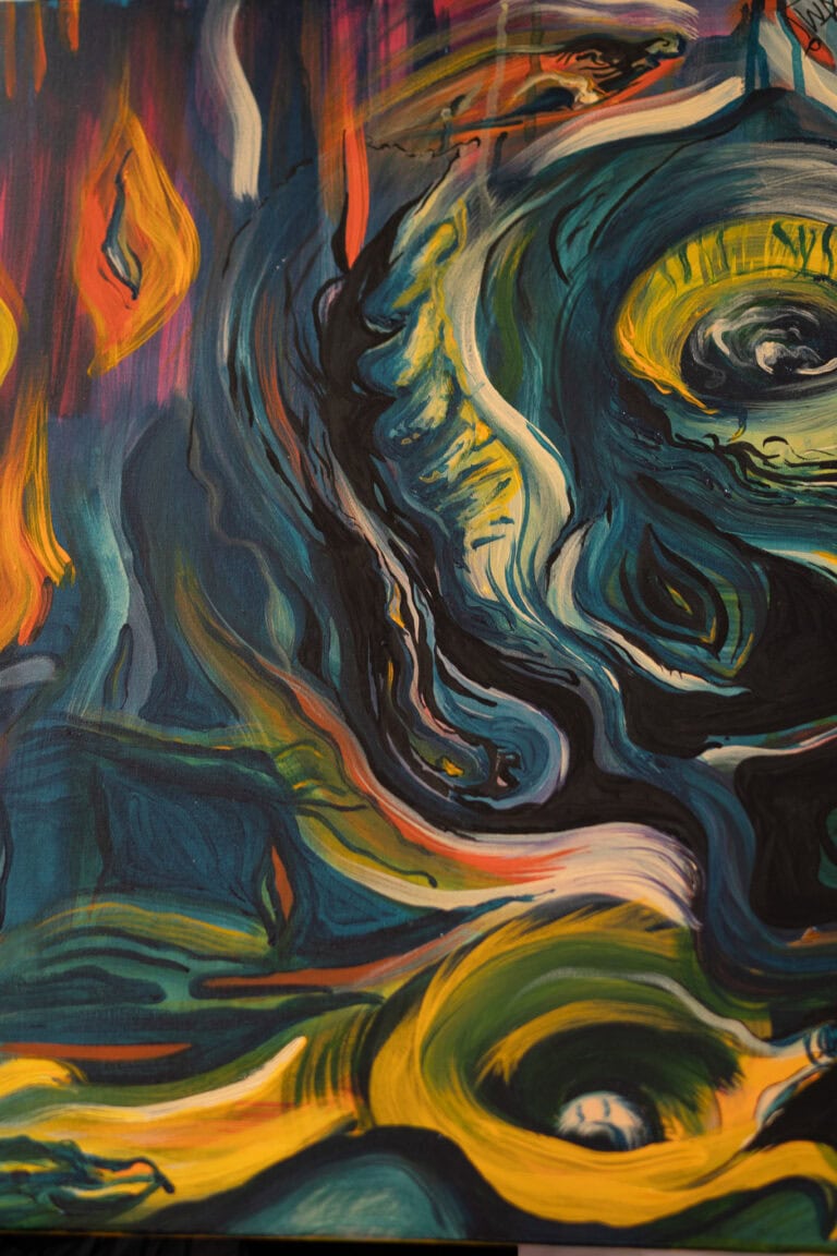 Obra de arte abstrata com cores vibrantes e formas fluidas, destacando a criatividade do fotógrafo G.