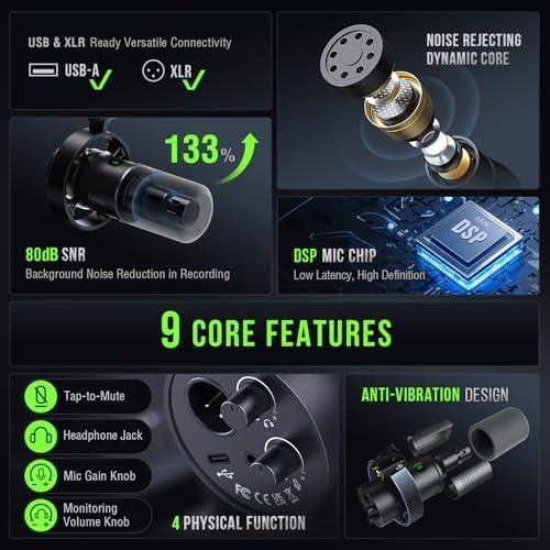         FIFINE Microfone dinâmico, microfone para PC de gravação de podcast XLR/USB para streaming vocal, mic de metal de estúdio com mudo, conector de fone ouvido, controle de volume de monitoramento- K688       