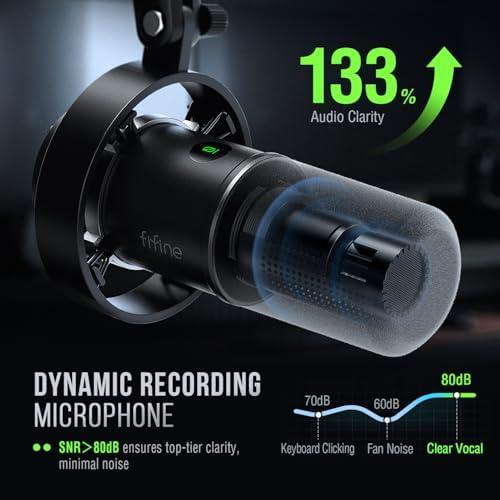         FIFINE Microfone dinâmico, microfone para PC de gravação de podcast XLR/USB para streaming vocal, mic de metal de estúdio com mudo, conector de fone ouvido, controle de volume de monitoramento- K688       