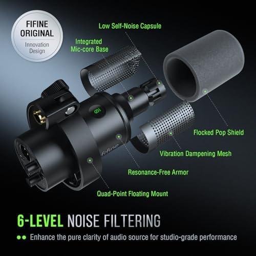         FIFINE Microfone dinâmico, microfone para PC de gravação de podcast XLR/USB para streaming vocal, mic de metal de estúdio com mudo, conector de fone ouvido, controle de volume de monitoramento- K688       