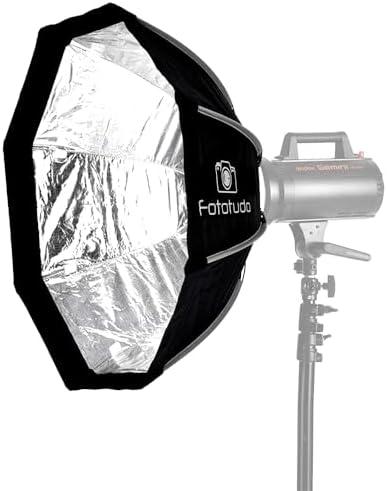 Iluminação de estúdio profissional com softbox e flash para fotografia de alta qualidade.