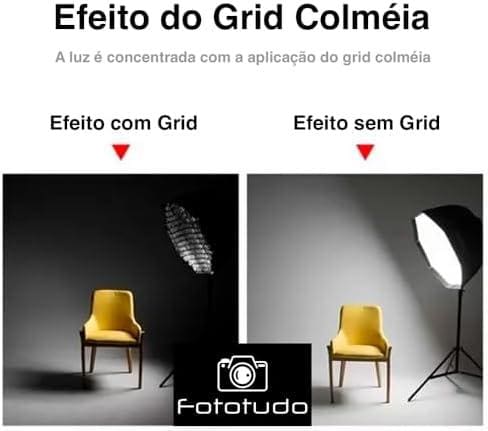 Cadeira com efeito de grid colméia, iluminação concentrada, comparação de efeitos de iluminação.