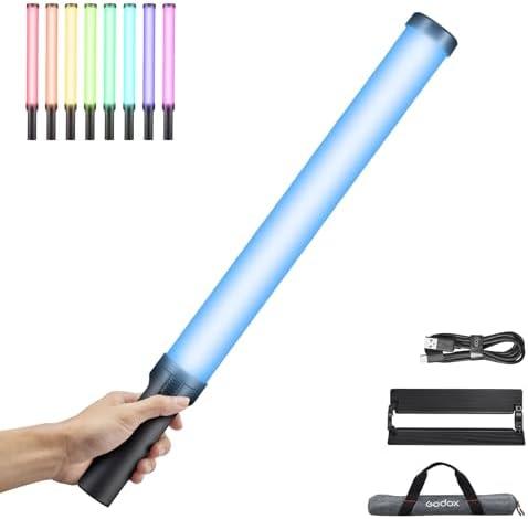 Lâmpada de luz LED portátil com controle de cores e energia recarregável.