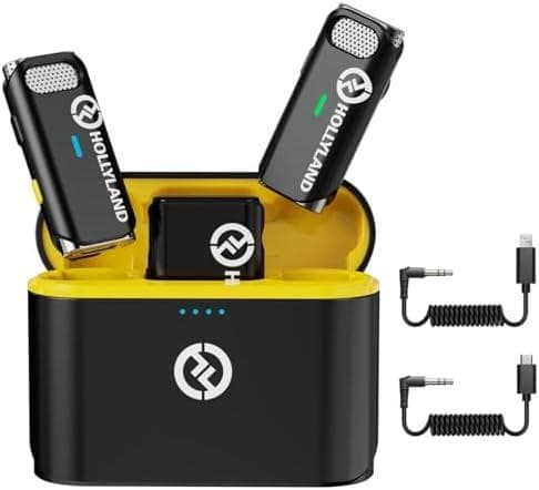 Microfone sem fio profissional com estojo de carregamento e cabos de conexão.