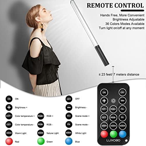 Controle remoto de luz LED com várias cores e modos, ideal para fotografia e iluminação criativa.