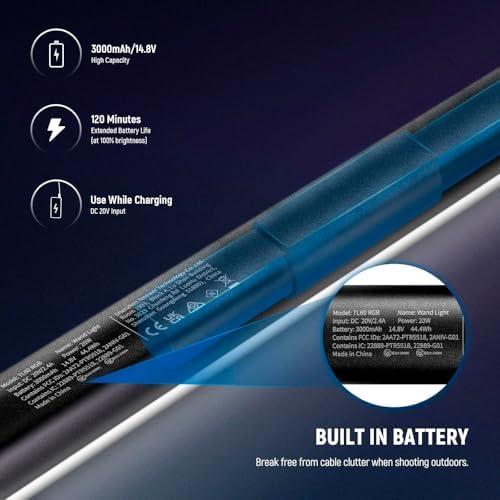         Bastão de Luz LED Portátil TL60 RGB Preto, Controle via APP/DMX, 18 Efeitos, Bateria Recarregável, Iluminação para Foto e Vídeo       