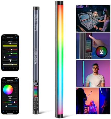 Lâmpada LED RGB para iluminação de fotos e vídeos profissionais, controle de cores e intensidade.